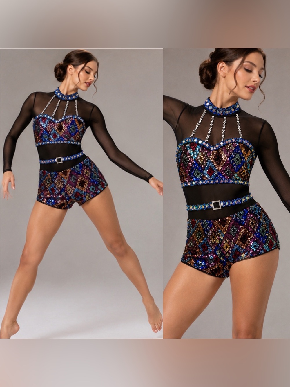 Glamour solo custom dance costume black blue leotard rhinestone LA-Large adult